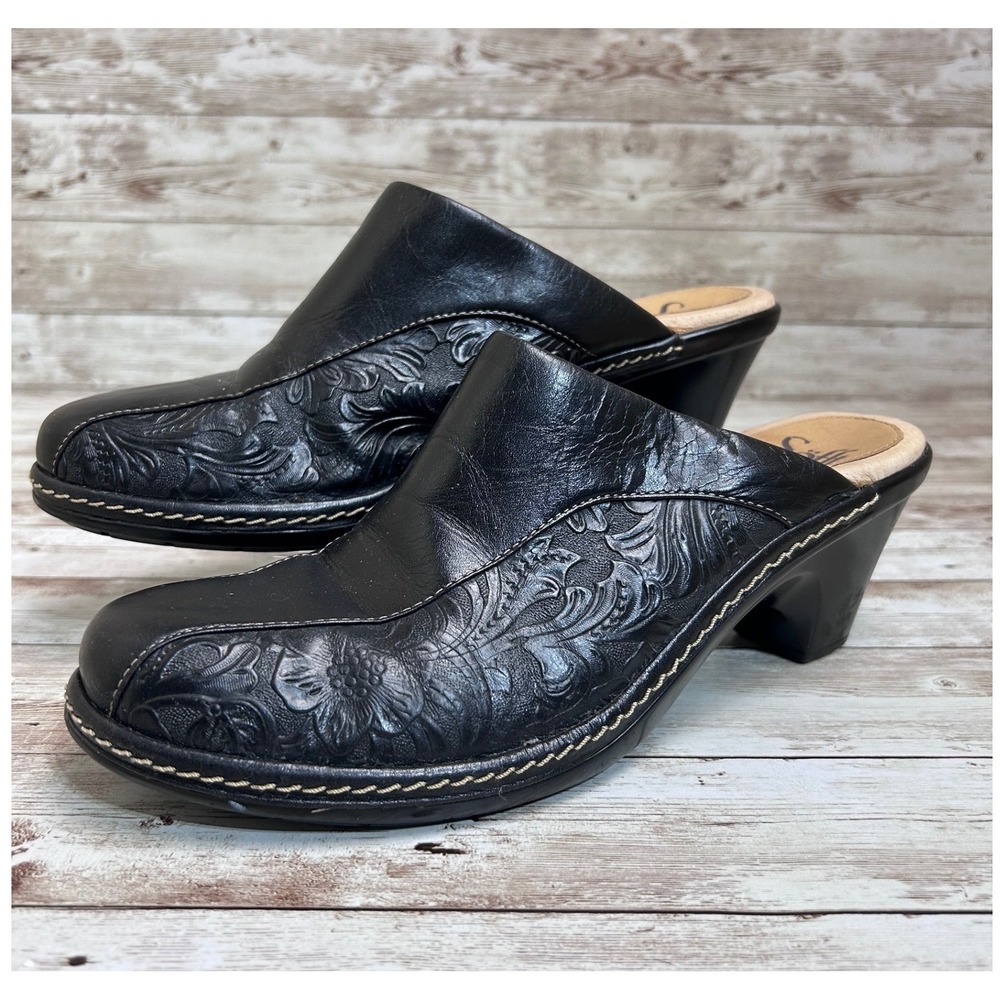 Sofft Clogs Mules Black 8.5M Leather Floral Embossed Slip On Block Heel Comfort